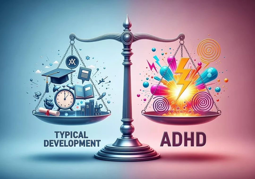 an illustration of a scale showing a visual metaphor of typical development on the left and ADHD on the right